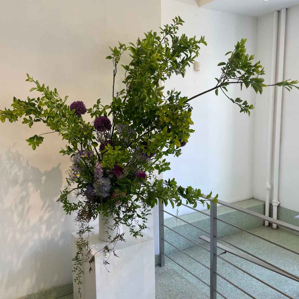Floral arrangement in a white vase against a light-colored wall.